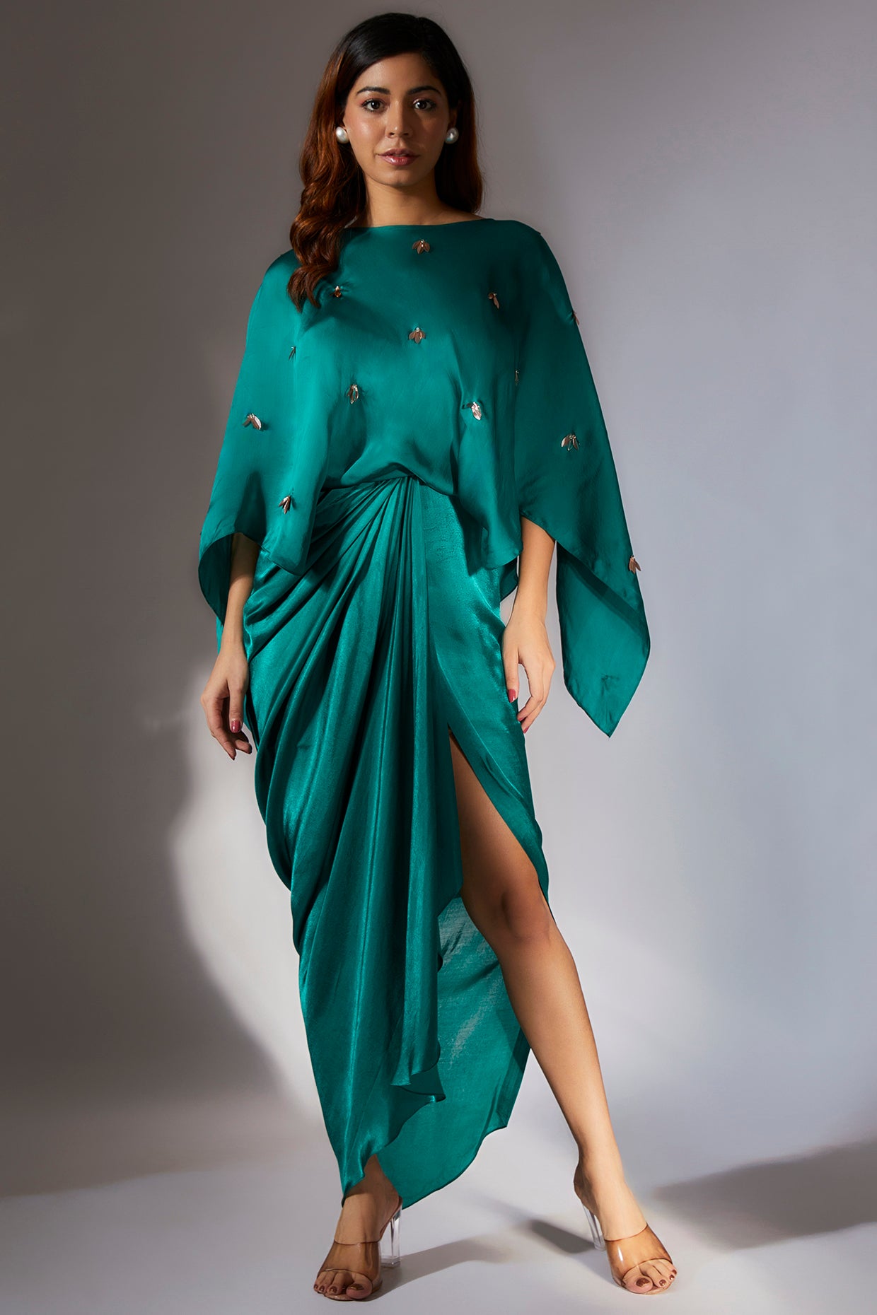 Teal Green Embroidered Drape Dress