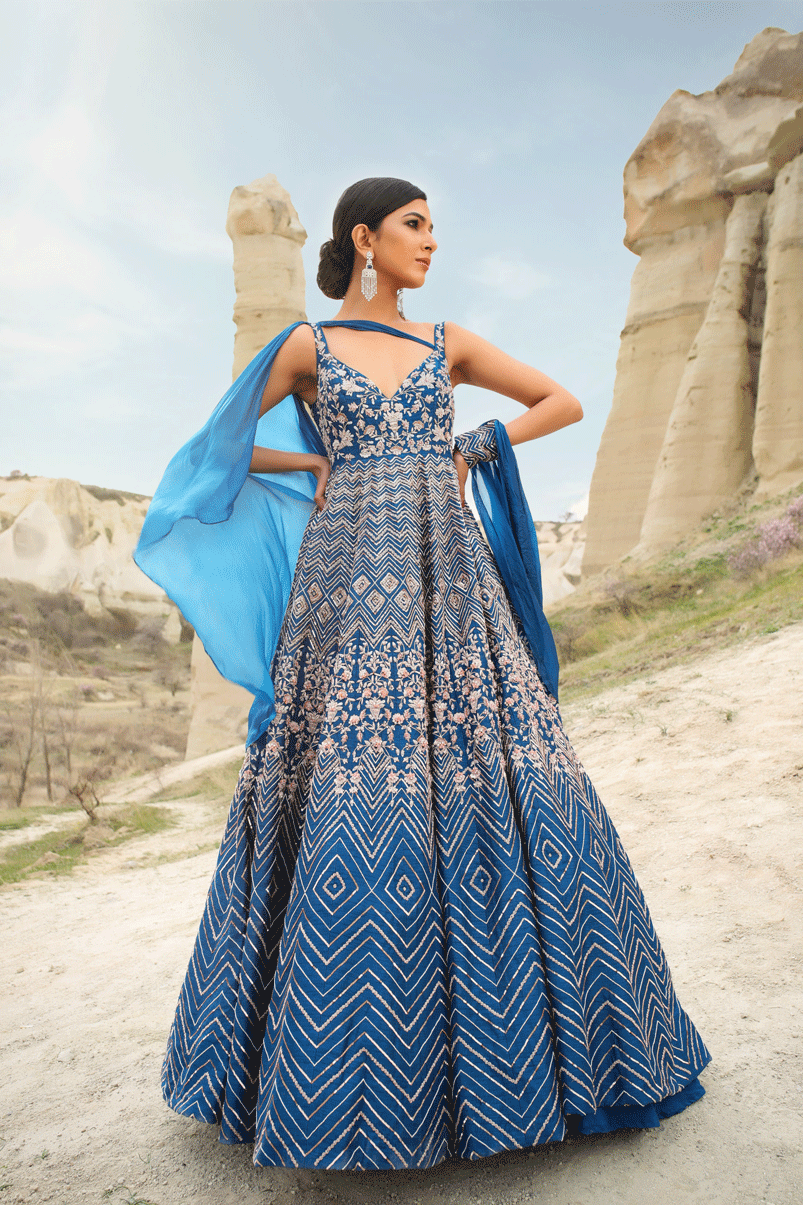 Blue Embroidered Silk Gown With Drape
