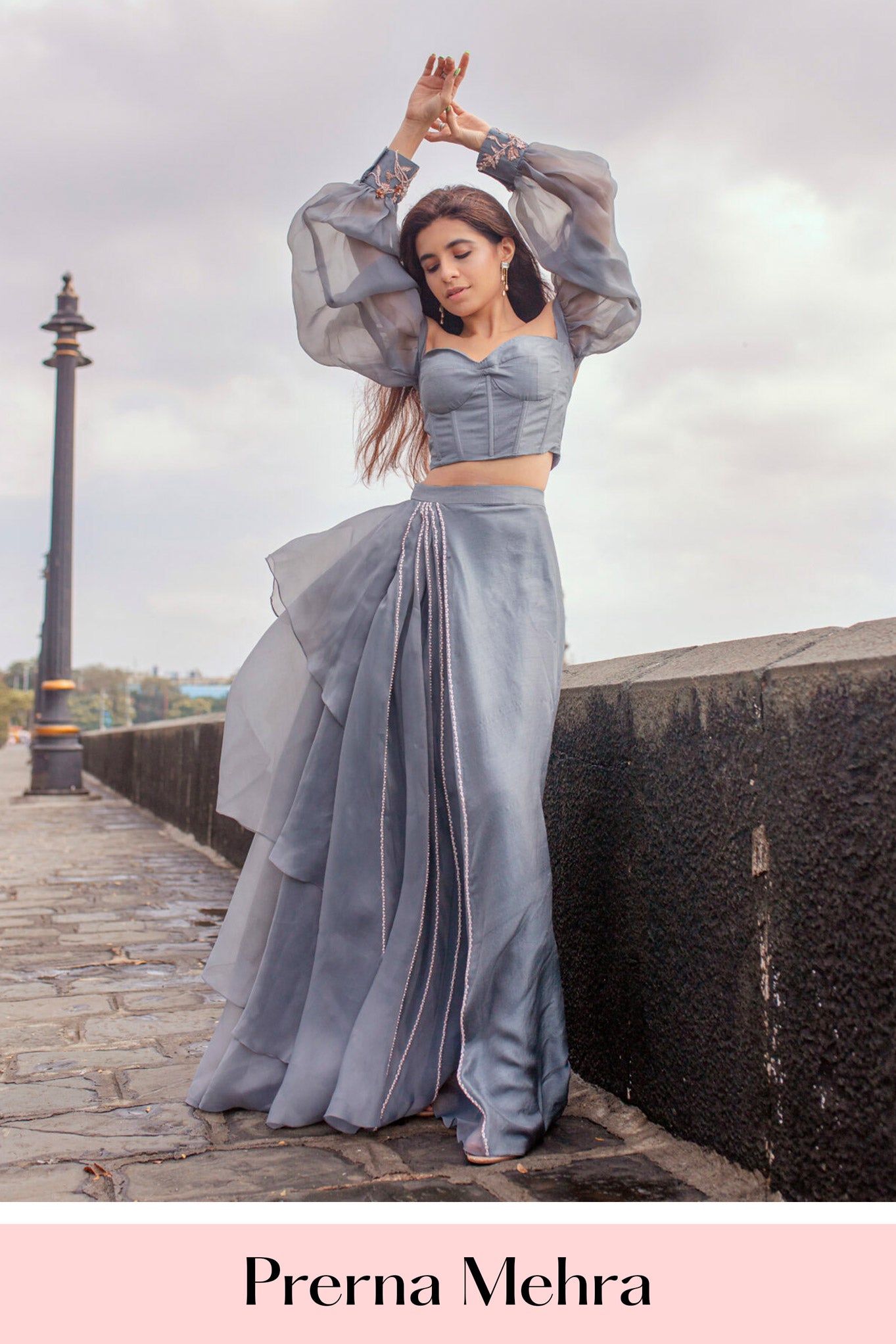 Grey Skirt With Puff Sleeves Corset Blouse