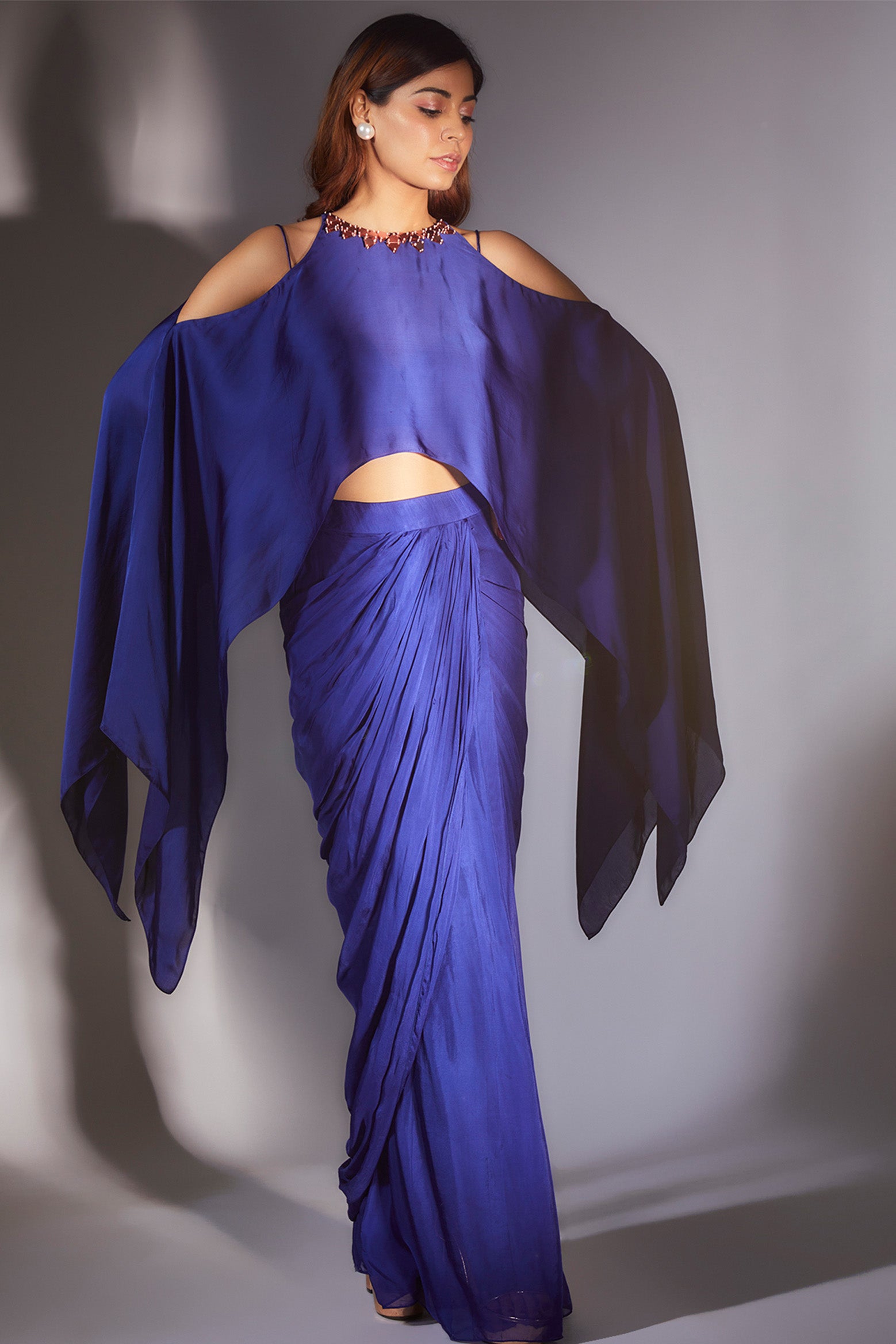 Royal Blue Skirt Set With Cape