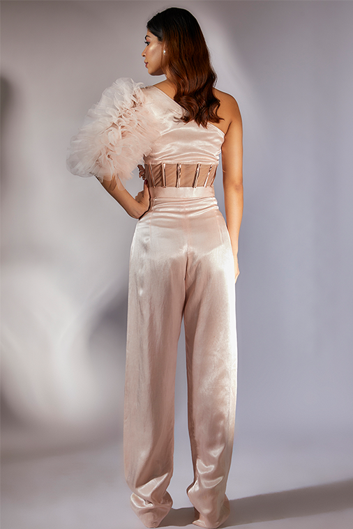 Baby Pink Embroidered One Shoulder Corset Jumpsuit
