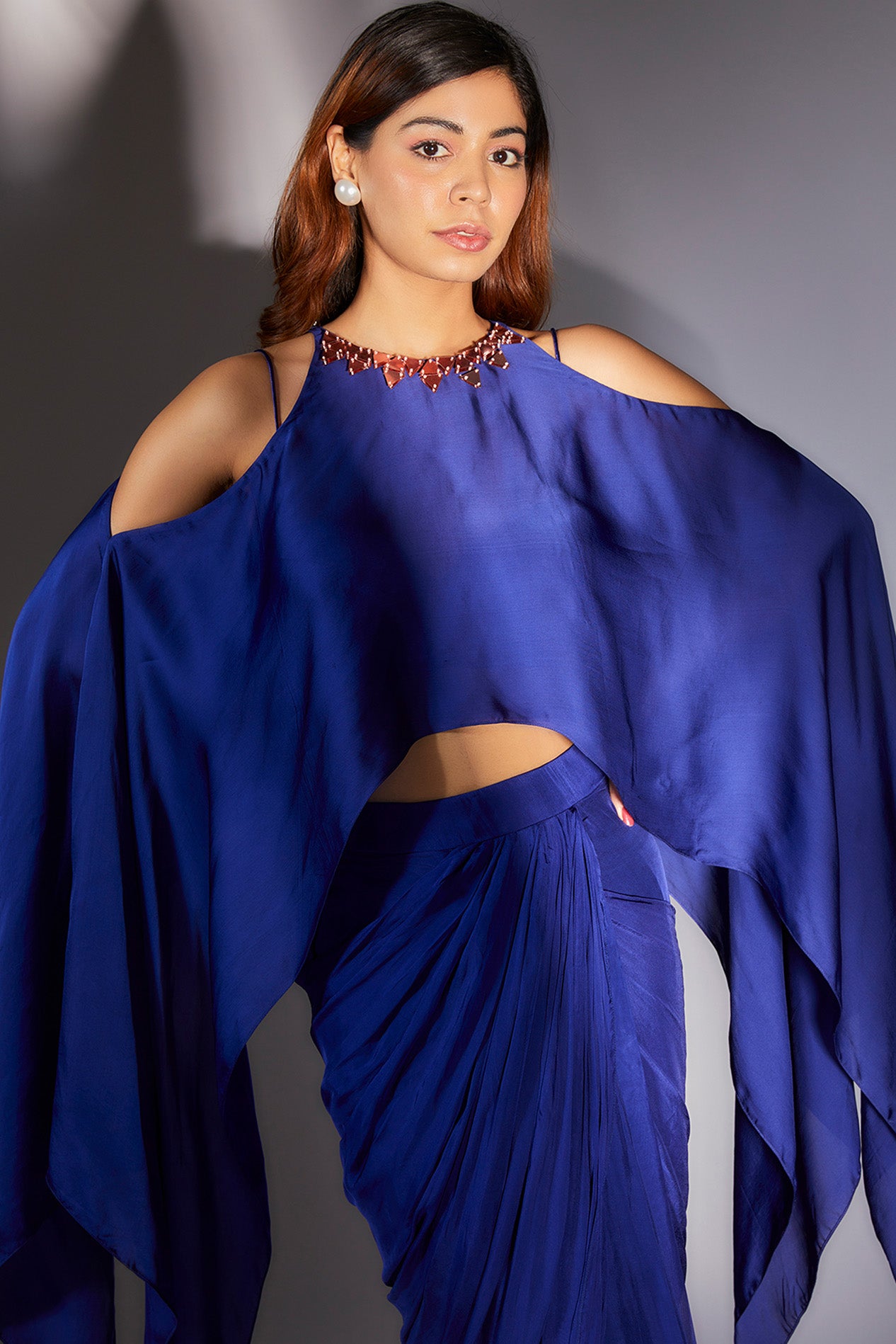 Royal Blue Skirt Set With Cape