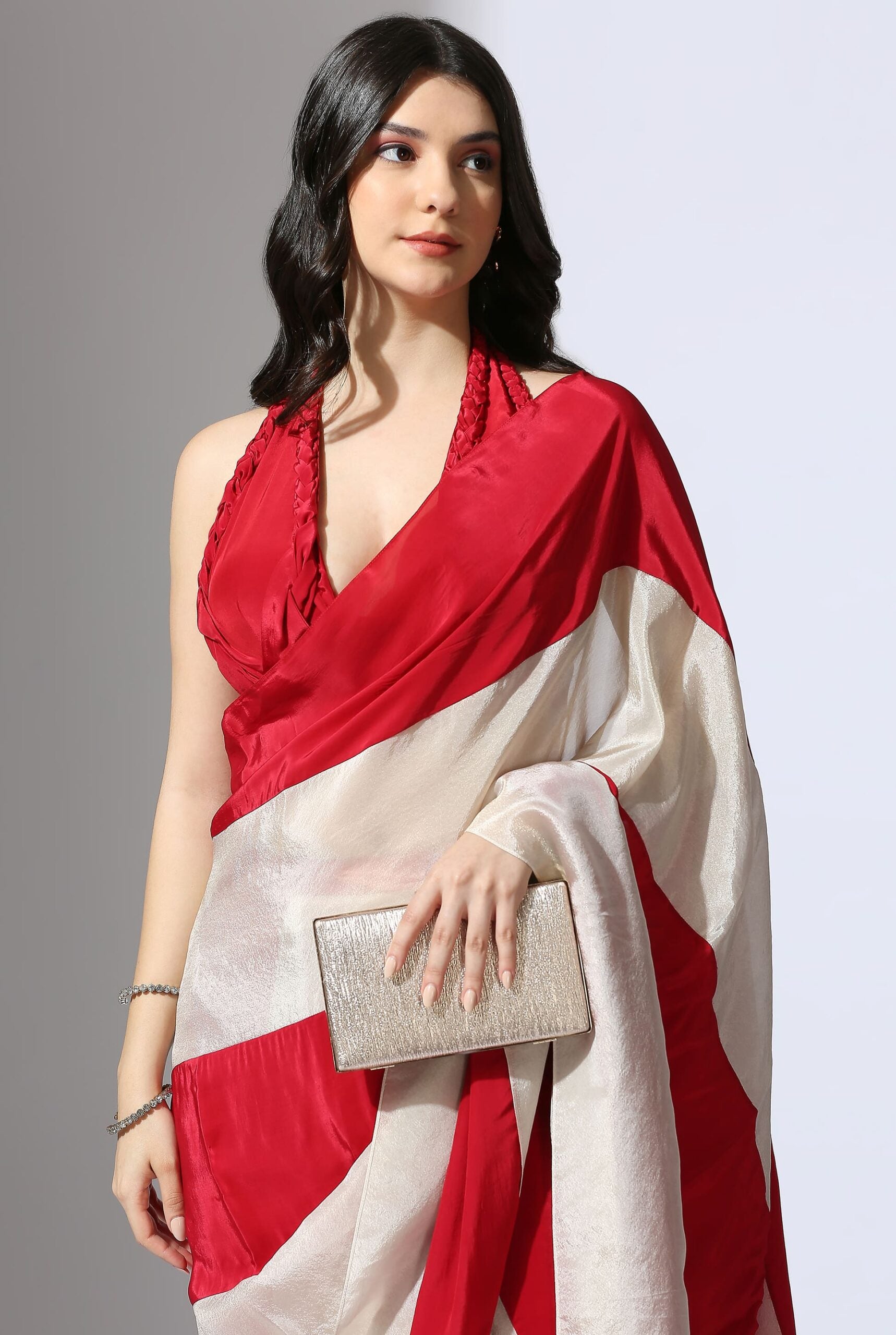 Red And Beige Stripe Colour Block Saree With Red Blouse