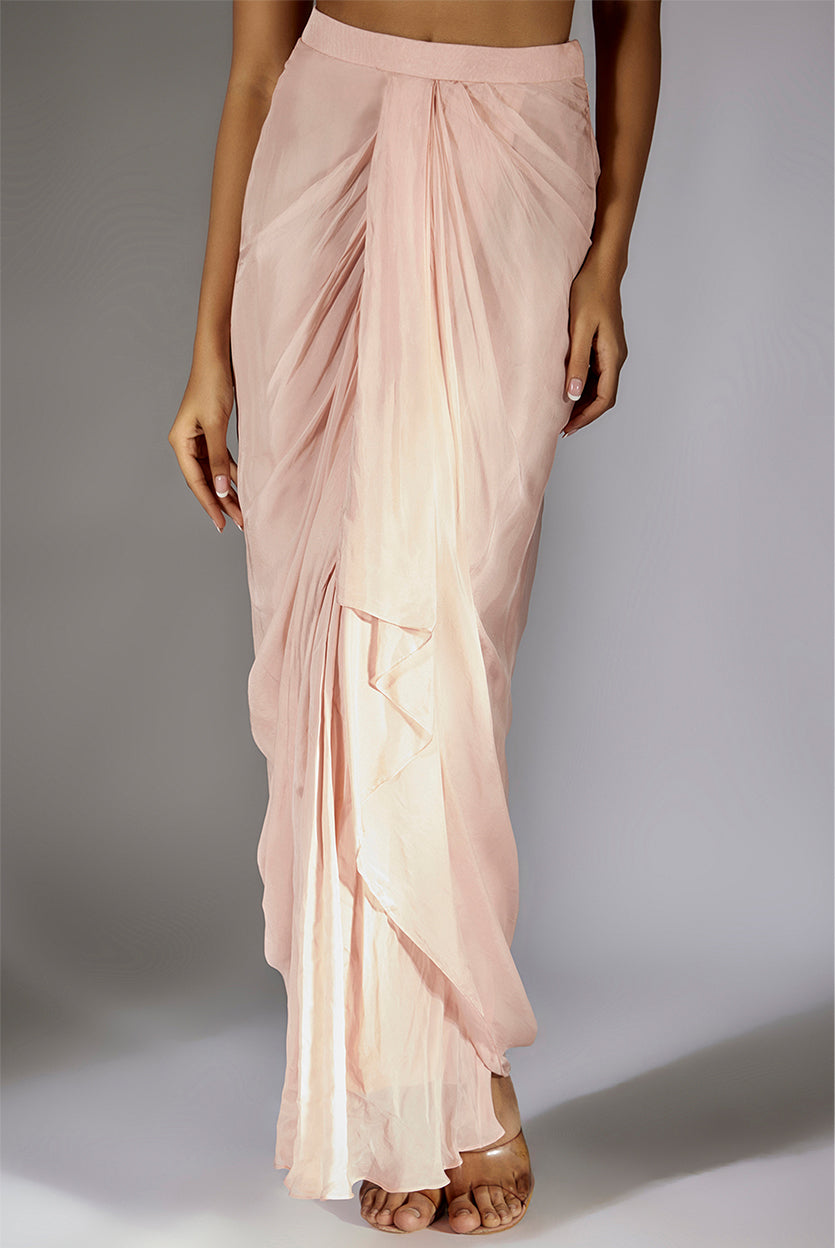 Peach Pink Embroidered Drape Skirt Set With Ombre Ruffle Dupatta