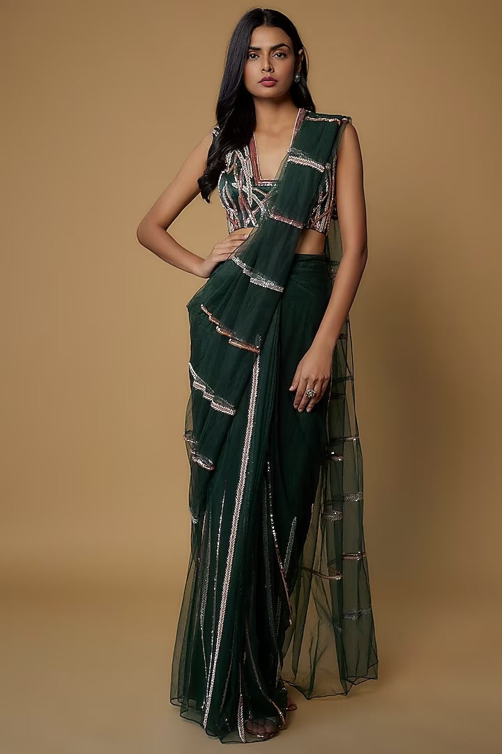 Bottle Green Net Embroidered Pre-Draped Saree Set
