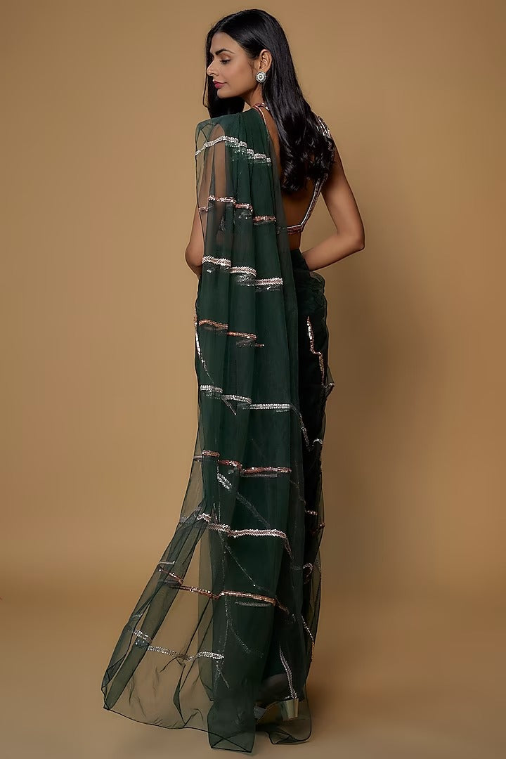 Bottle Green Net Embroidered Pre-Draped Saree Set