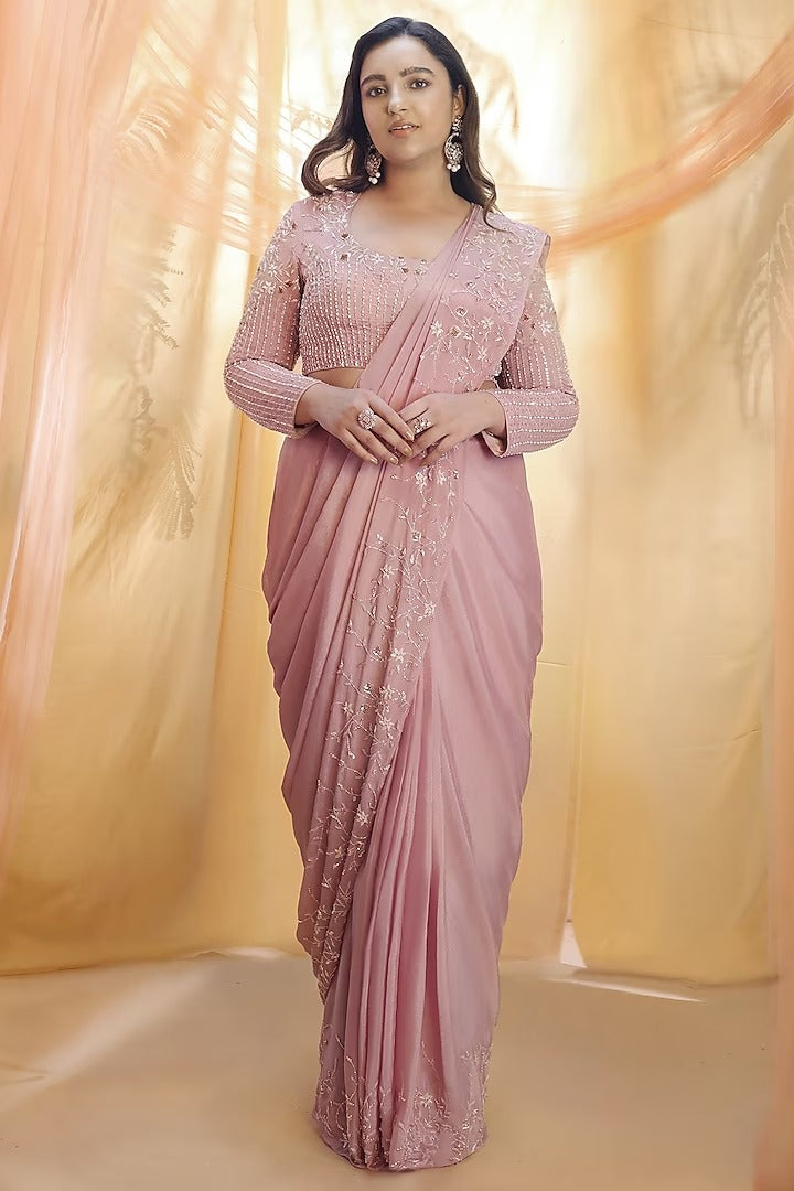 Rose gold saree with full sleeve blouse