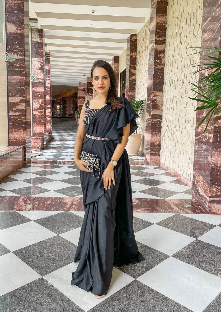 Black Embroidered Ruffle Saree With Belt
