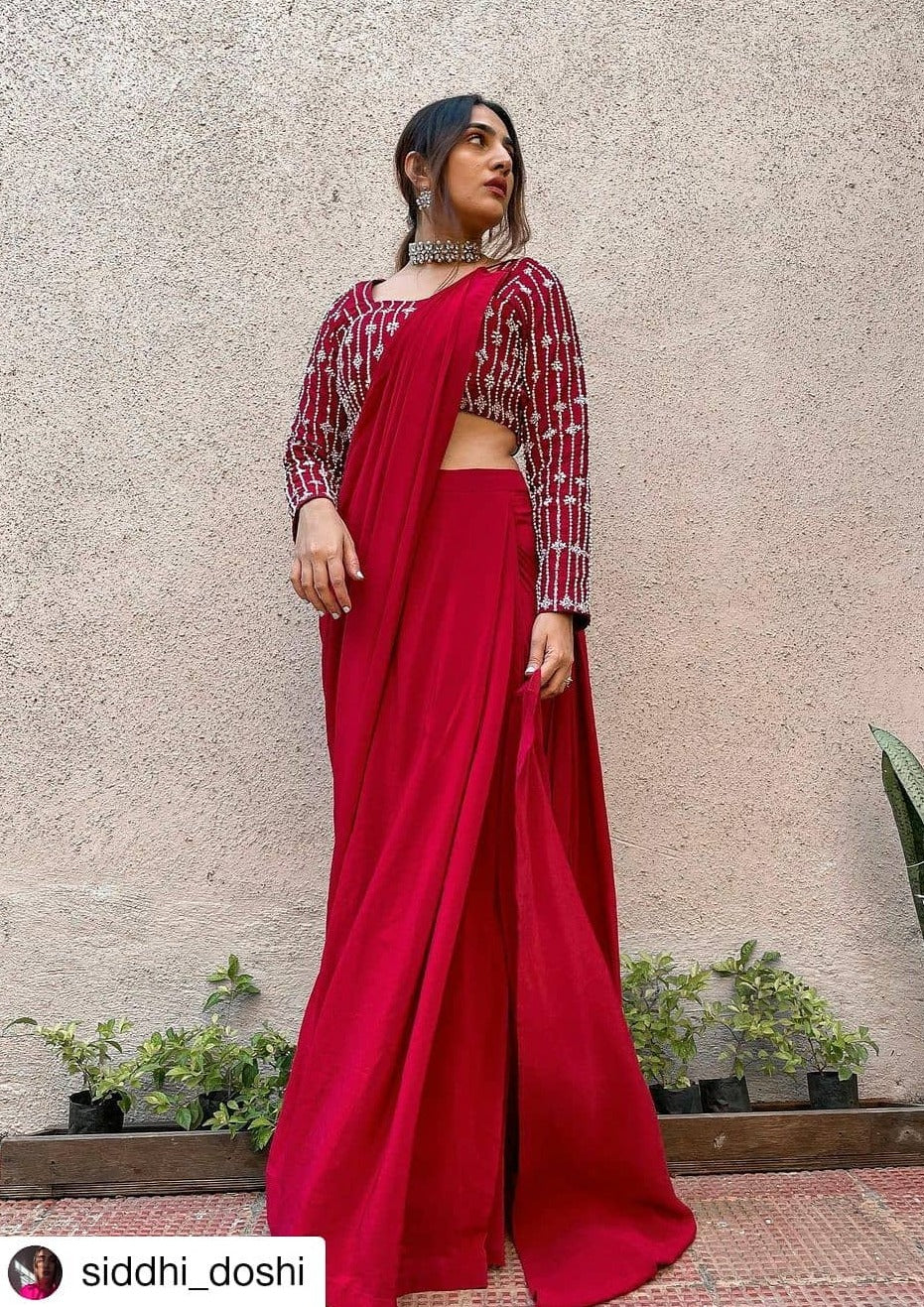 Red Saree With Embroidered Blouse