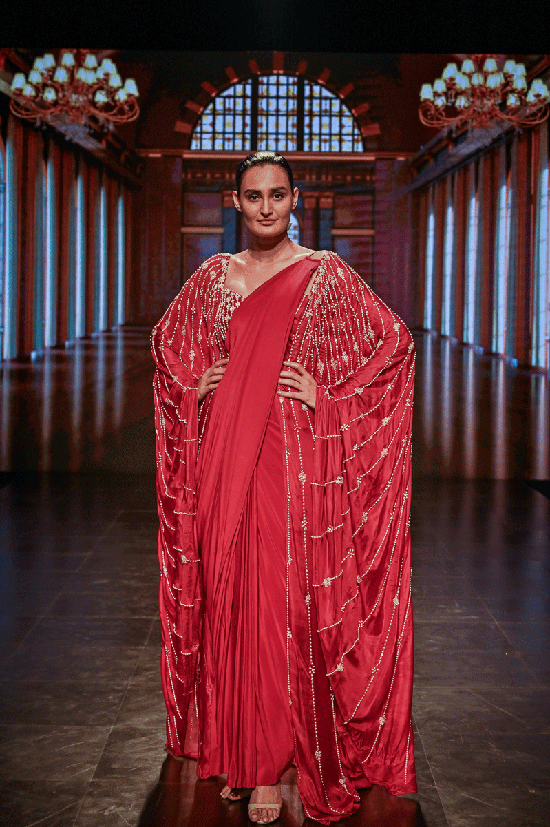 Crimson Embroidered Bustier With Pre Draped Saree And A Fully Embroidered Cape