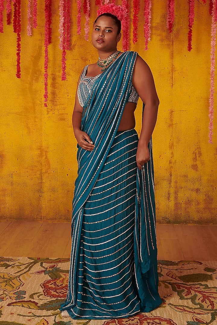 teal Blue Embroidered Pre-Stitched Saree Set
