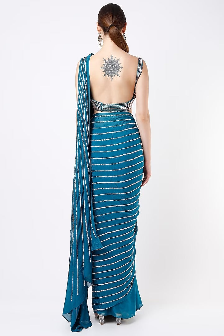 teal Blue Embroidered Pre-Stitched Saree Set