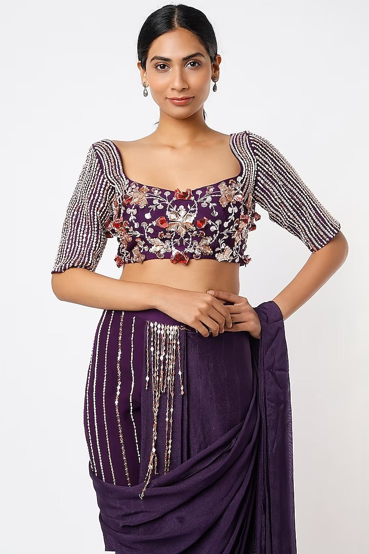 Purple Tabby Silk & Dupion Draped Pant Saree Set
