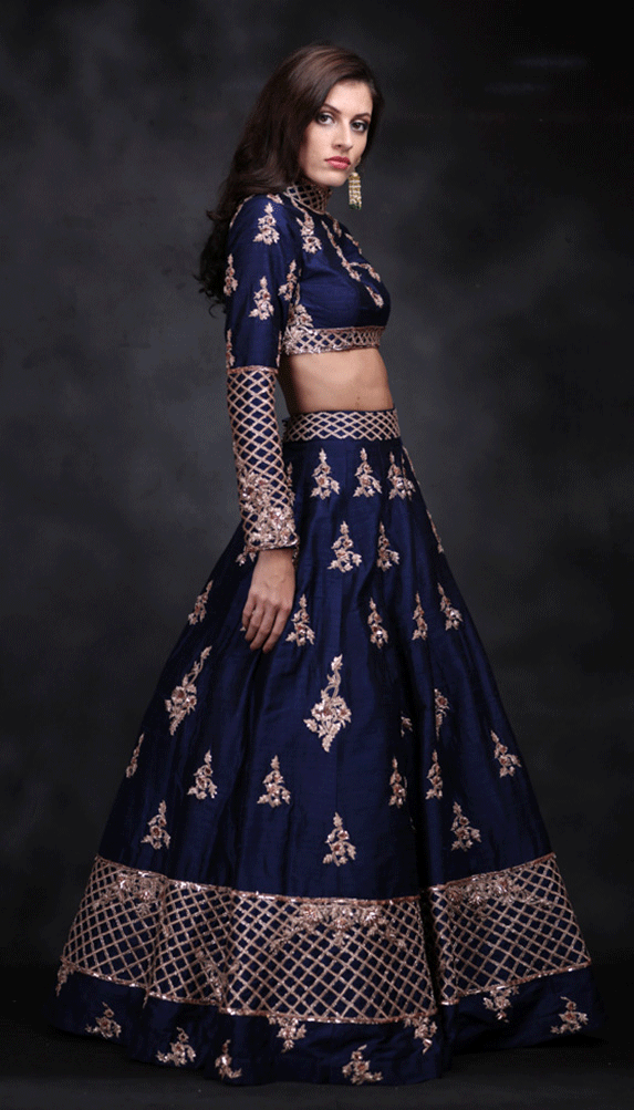 Blue Heavy Butti Crop Top And Skirt