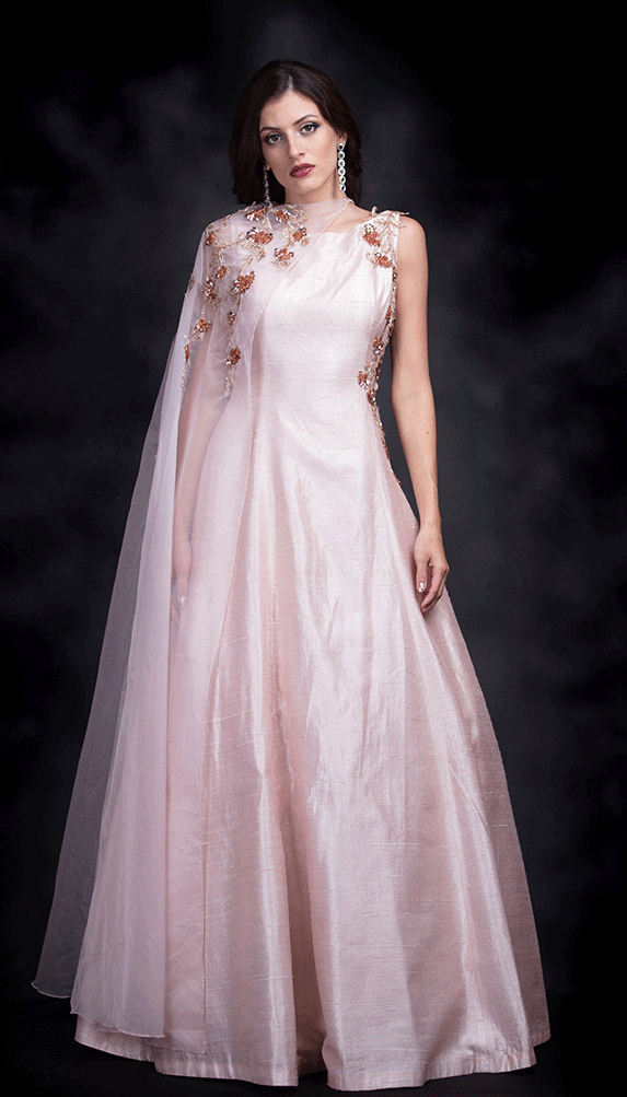 Baby Pink Princess Panel Gown With Neck Drape