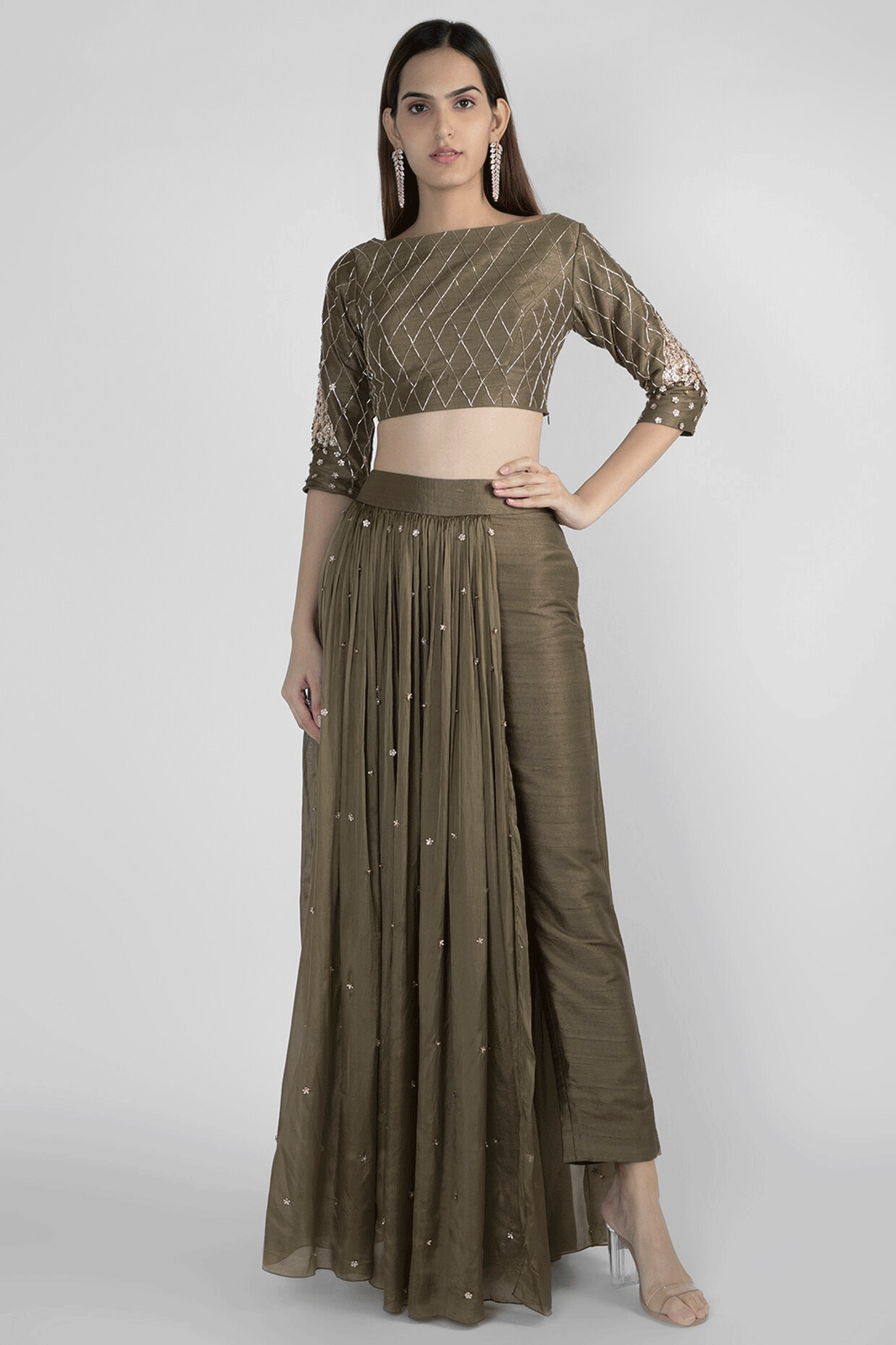 Olive Green Embroidered Crop Top With Pant Skirt