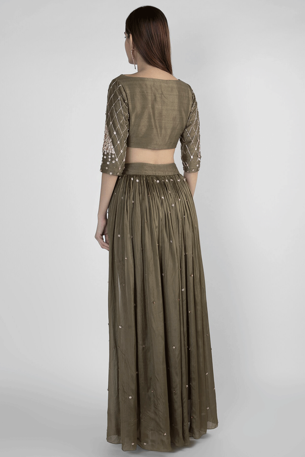 Olive Green Embroidered Crop Top With Pant Skirt