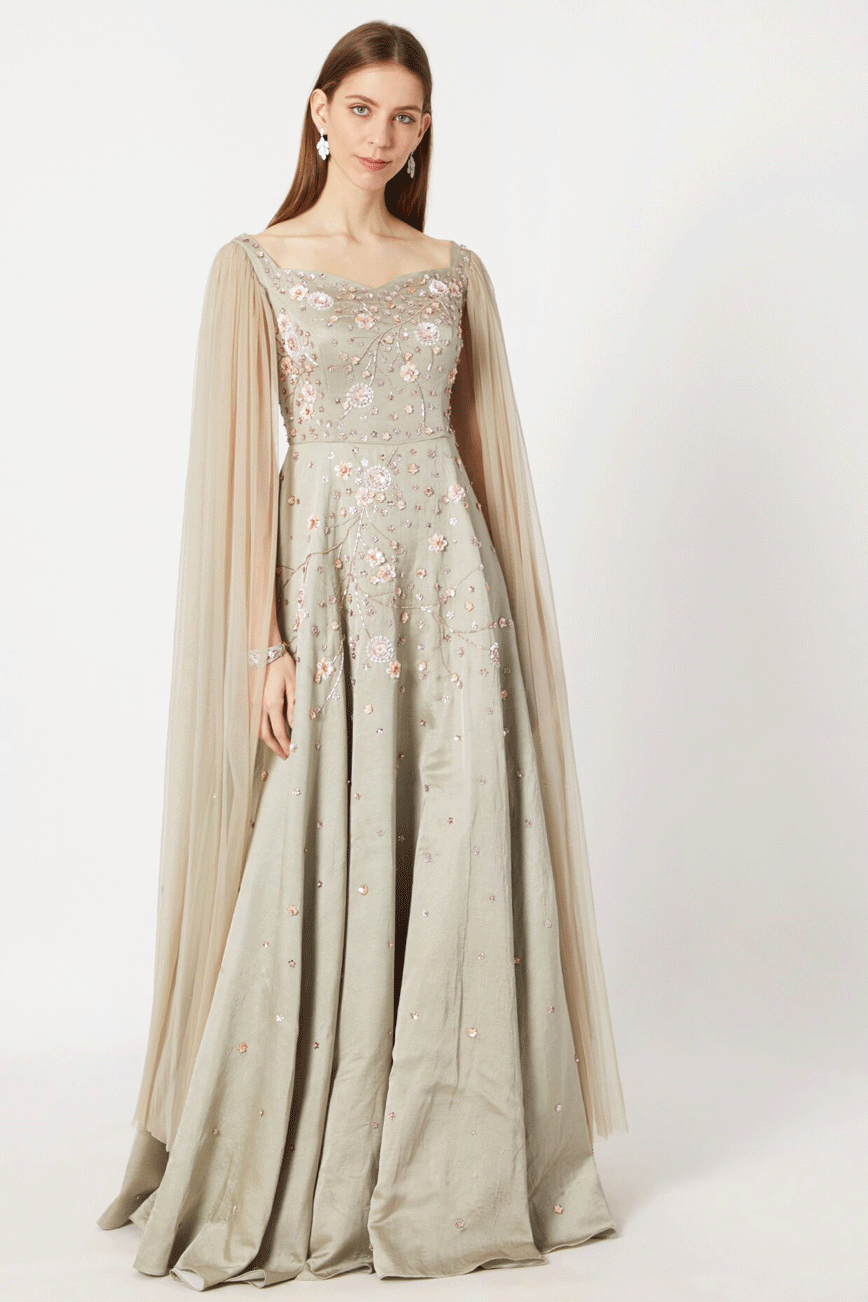 Olive Green Embroidered Net Gown