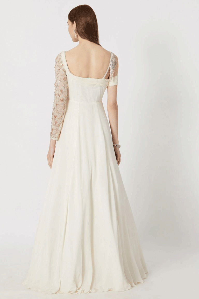 White Embroidered One Sleeved Gown