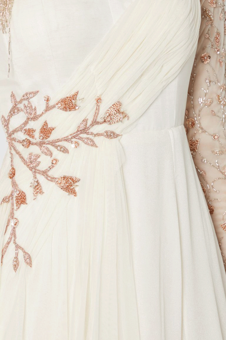 White Embroidered One Sleeved Gown