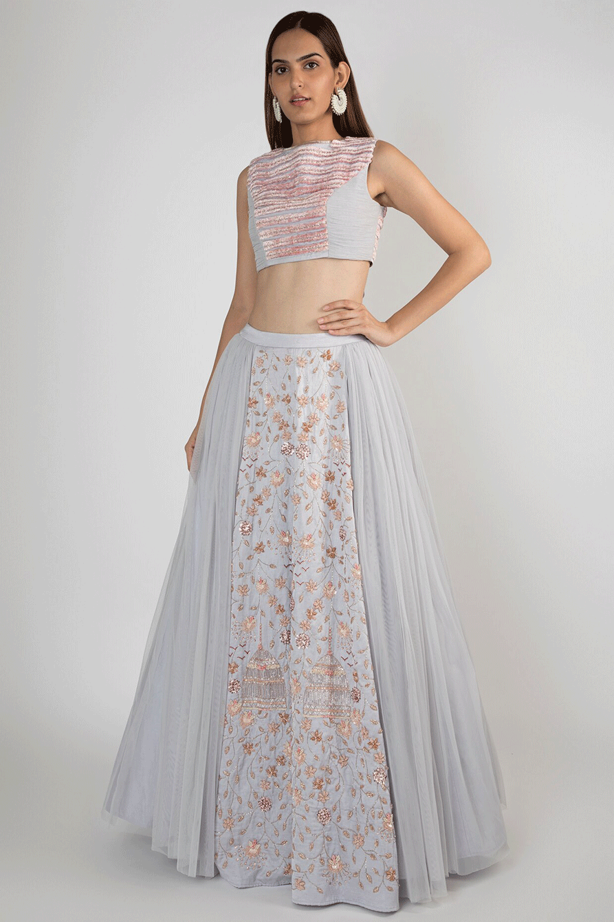 Ice Blue Embroidered Lehenga Skirt With Blouse