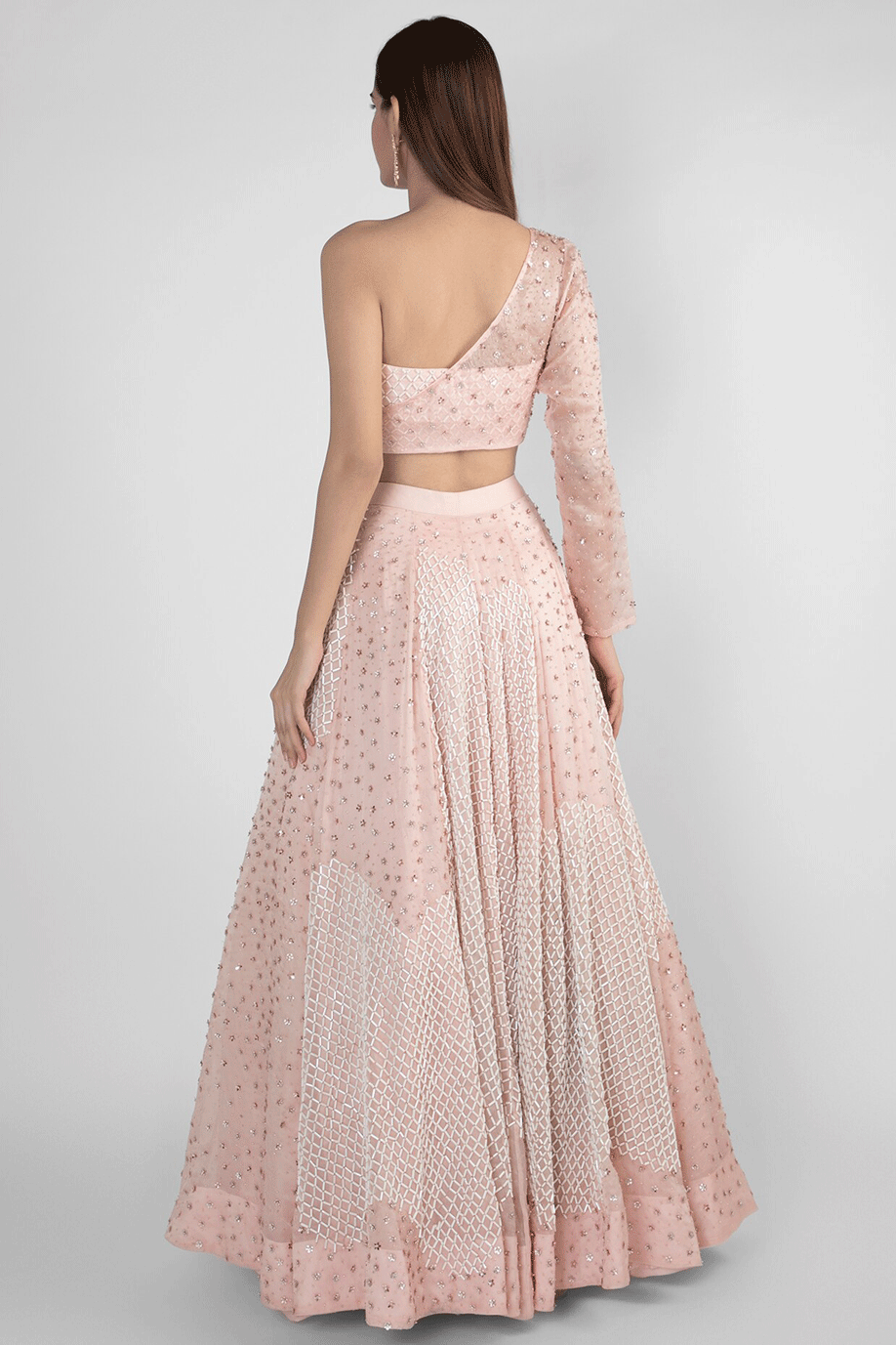 Peach Pink Embroidered Skirt With Crop Top