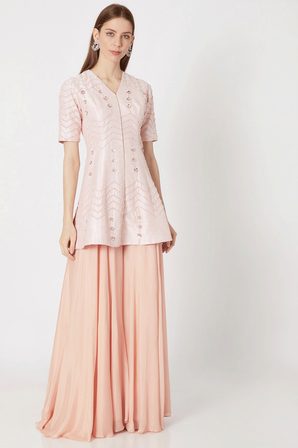 Peach Embroidered Sharara Pants With Tunic