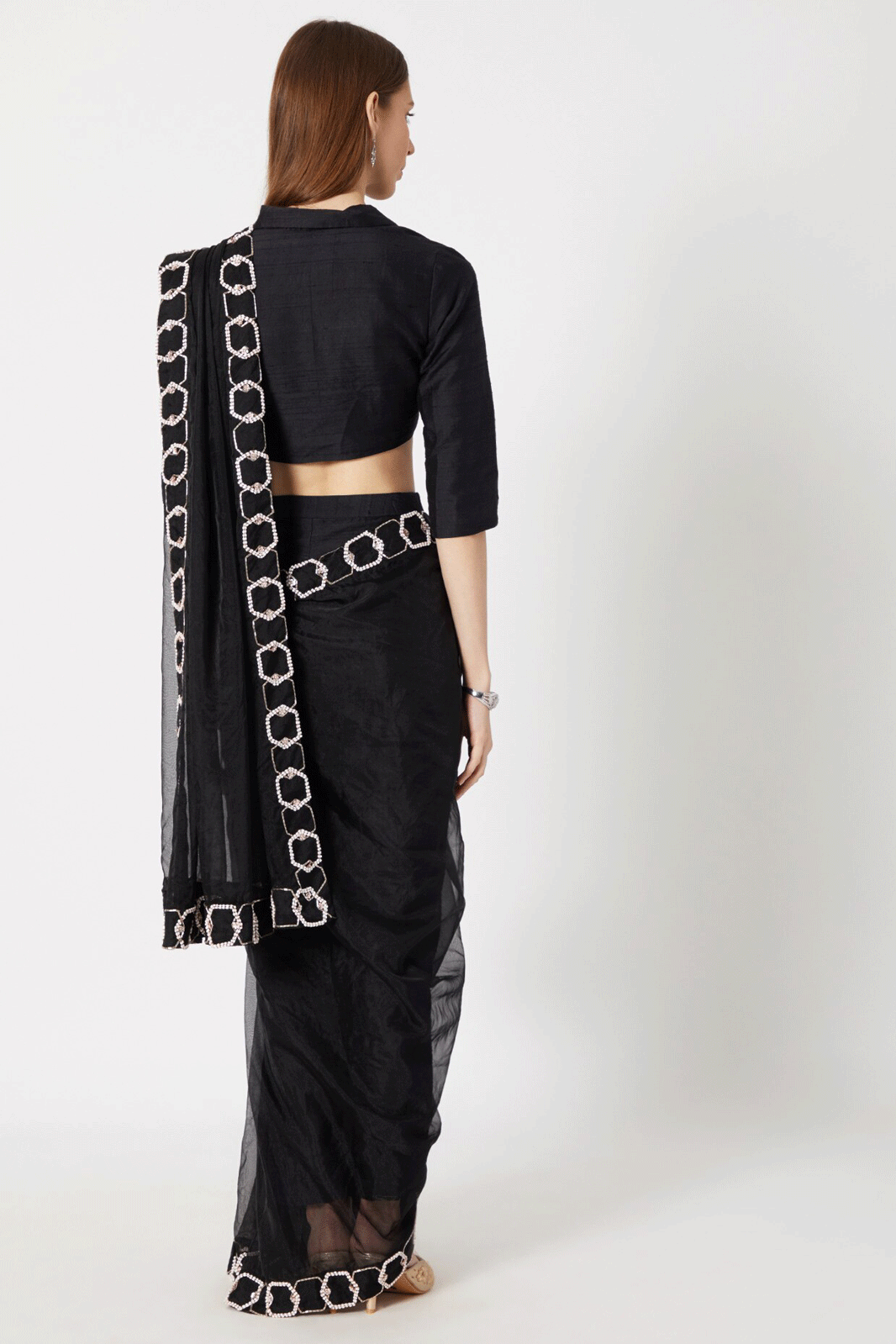Black Embroidered Pant Saree Set