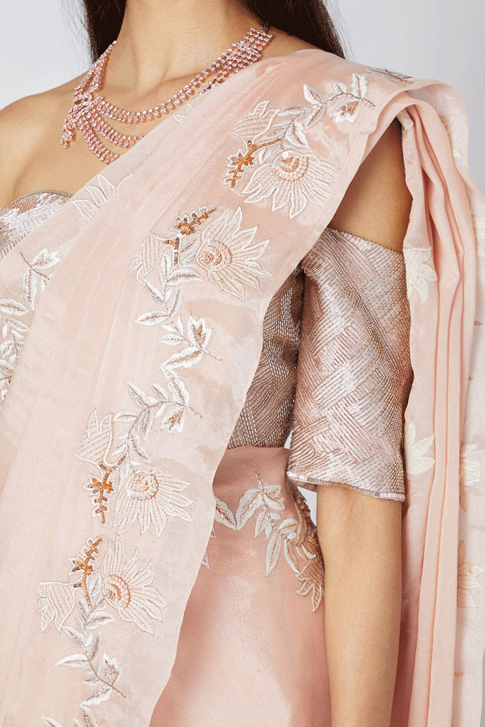 Nude Embroidered Saree Set With Off Shoulder Blouse