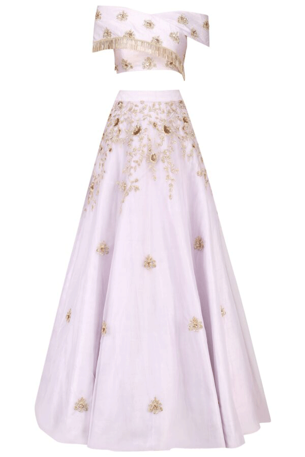 Lilac Cross Shoulder Embroidered Crop Top And Embellished Skirt