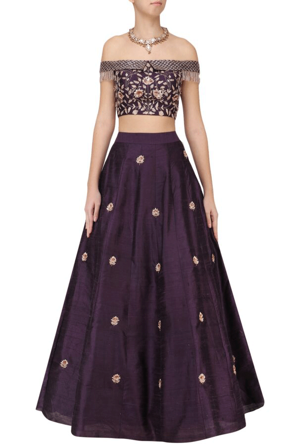 Purple Embroidered Off Shoulder Crop Top And Skirt