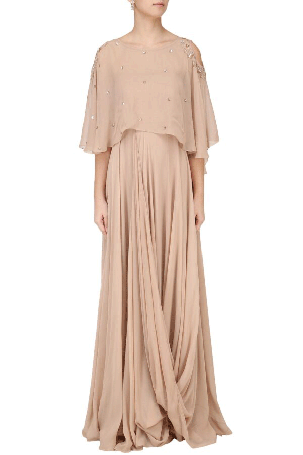 Beige Gown with Embroidered Cape