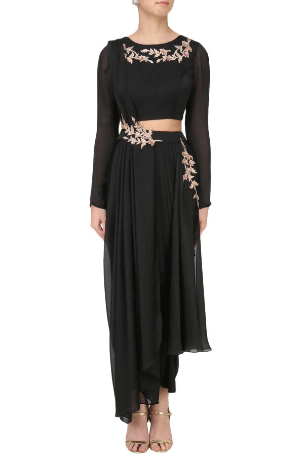 Black Embroidered Dhoti and Crop Top Set