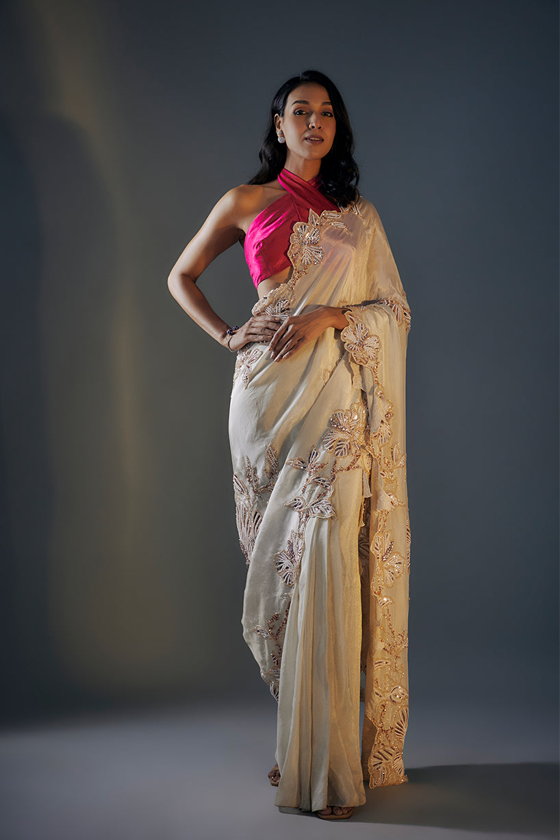 Beige Tissue Emroidered Saree with Hot Pink Blouse