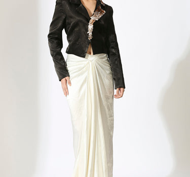 Black Embroidered Blazer with White Draped Skirt