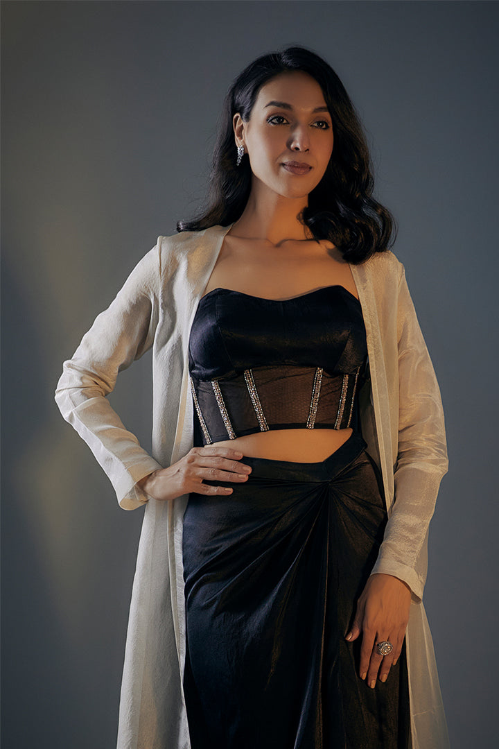 Black Embroidered Corset With Draped Skirt And Colour Block Jacket