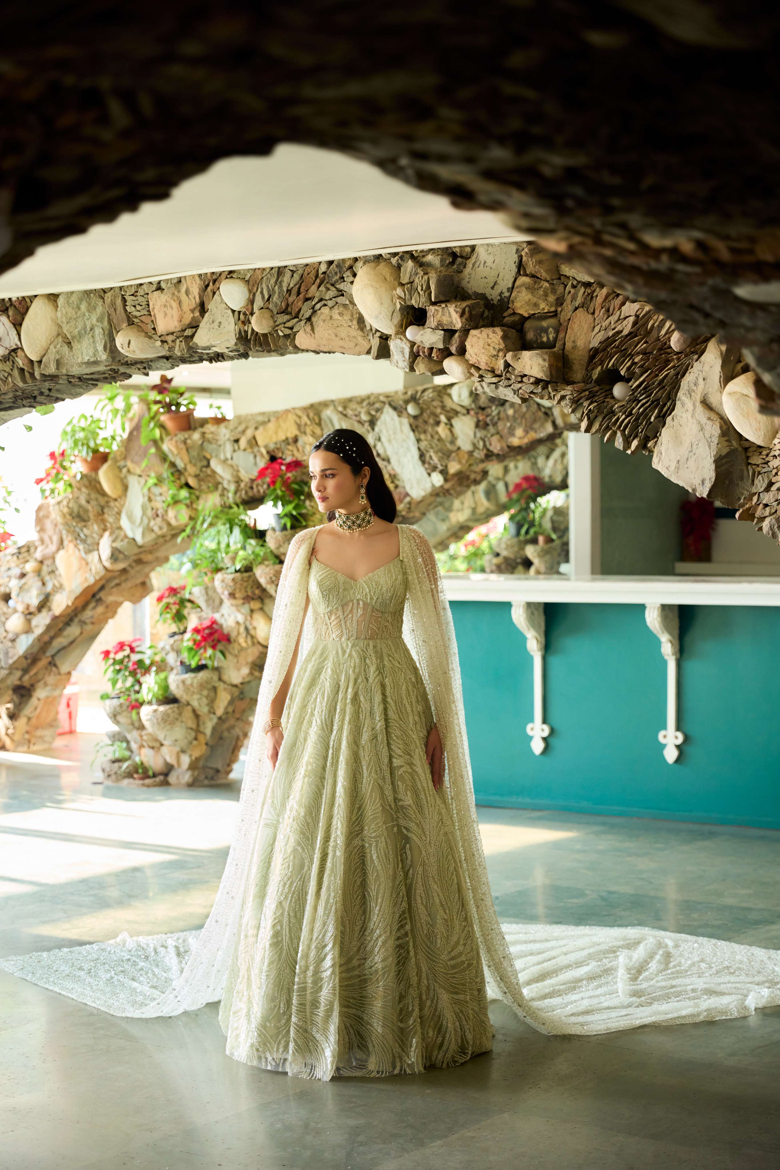 Sage Green Embroidered Gown.with Long Cape