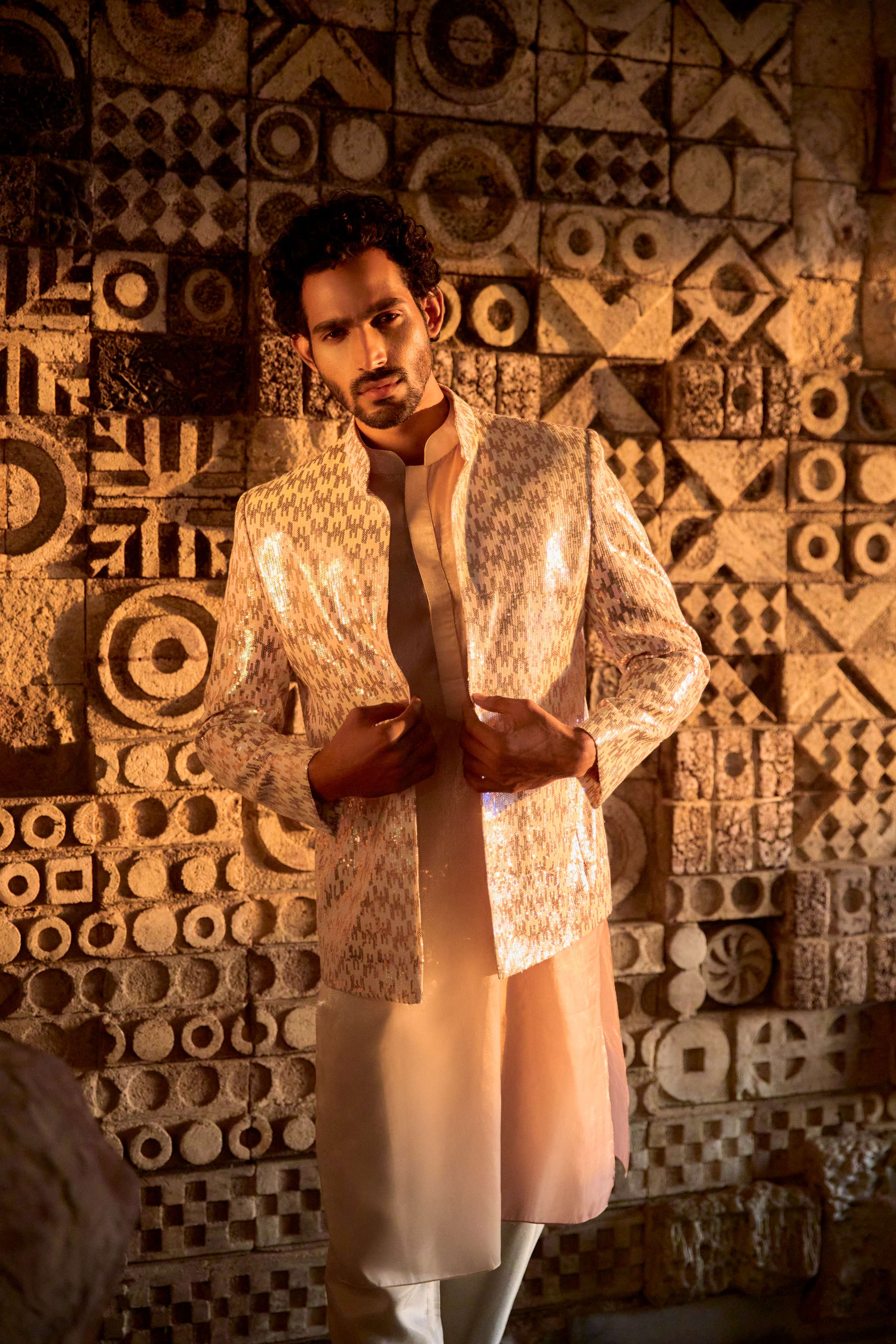 pink sequence jacket with kurta and pant