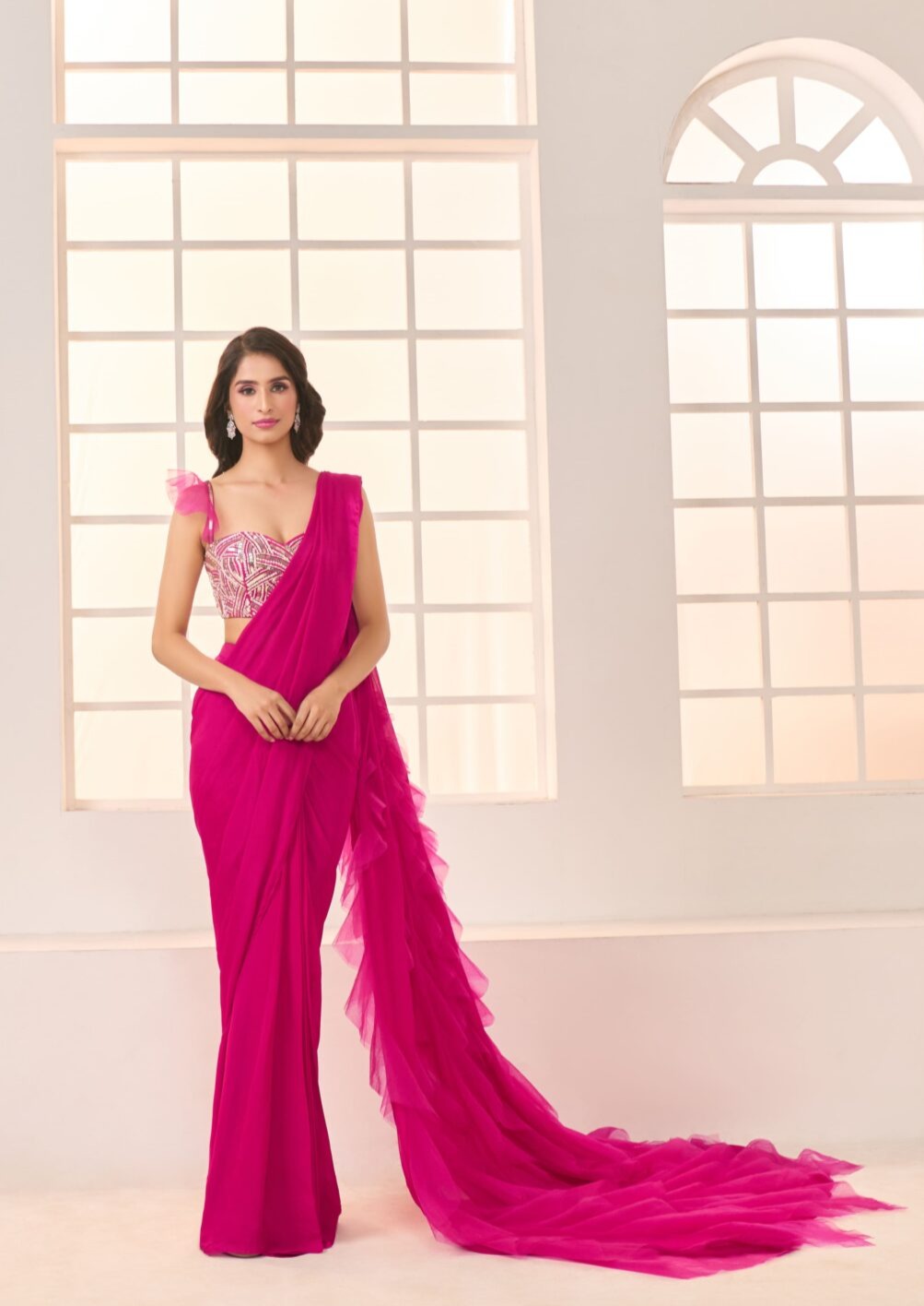 Hot Pink Embroidered Crepe And Net Ruffle Saree