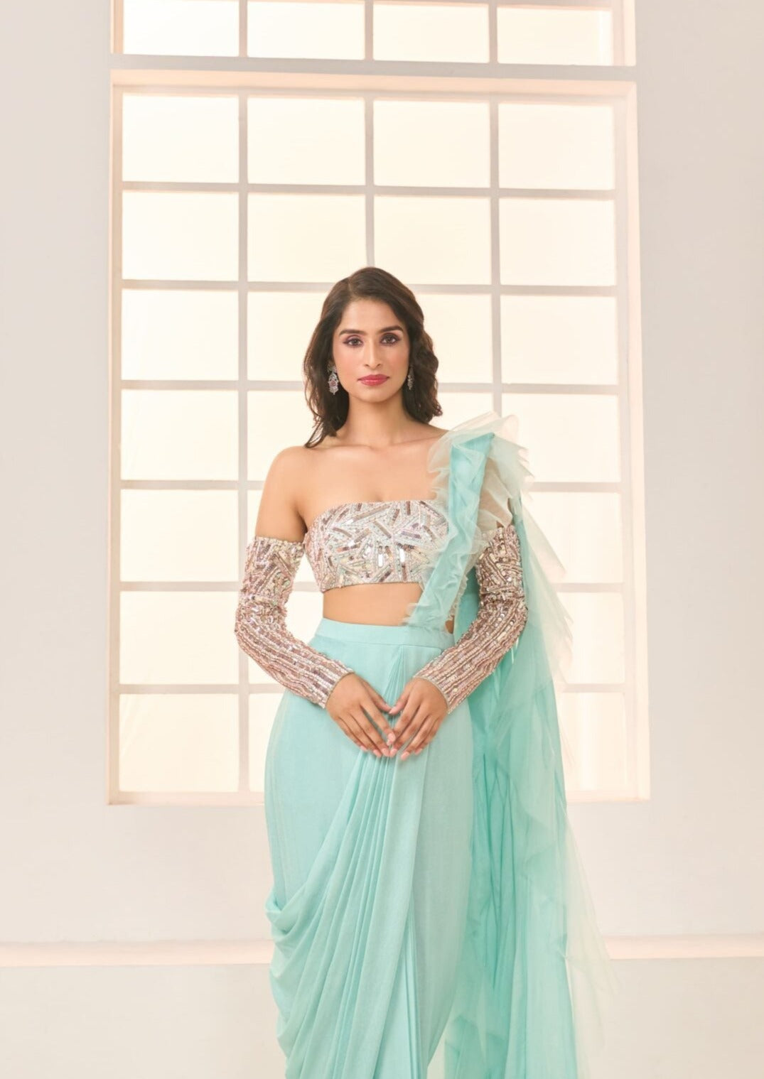 Mint Ruffle Saree with Embroidered Blouse