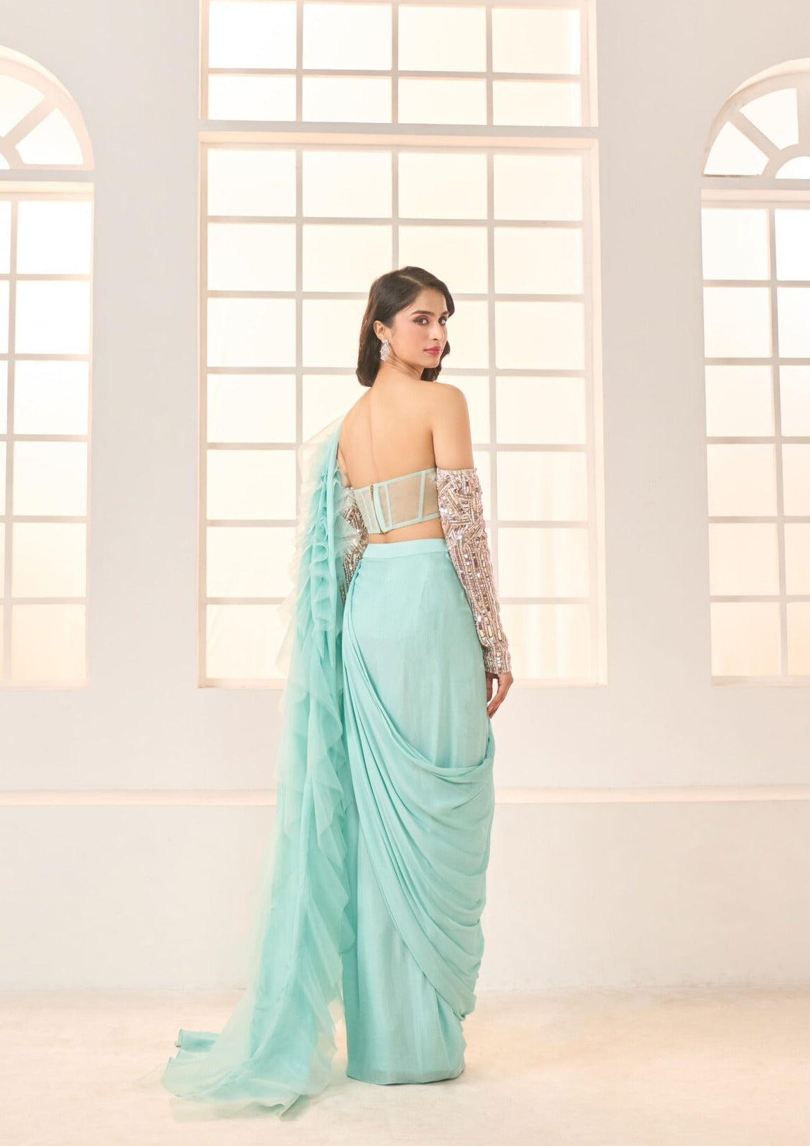 Mint Ruffle Saree with Embroidered Blouse