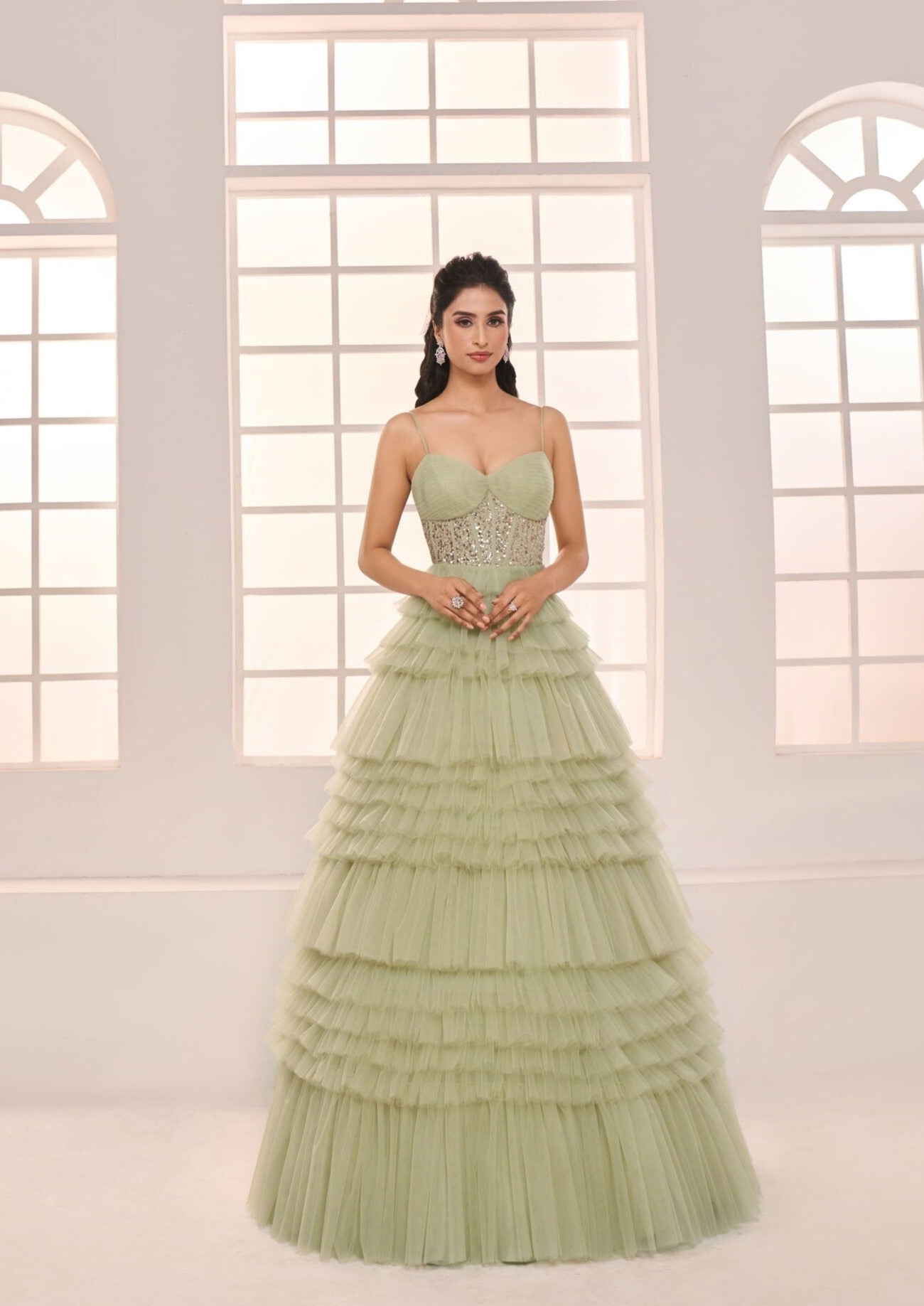 Sage Green Embroidered Net Gown