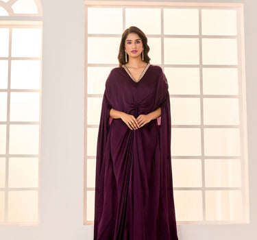 Wine Satin Organza Embroidered Kaftan With Potli Bag