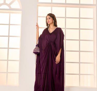 Wine Satin Organza Embroidered Kaftan With Potli Bag