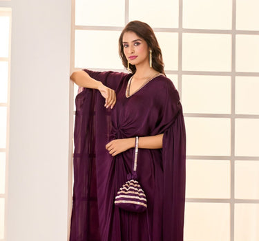 Wine Satin Organza Embroidered Kaftan With Potli Bag