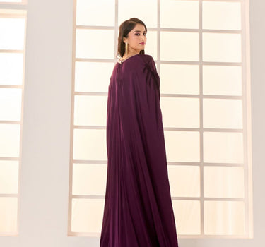 Wine Satin Organza Embroidered Kaftan With Potli Bag