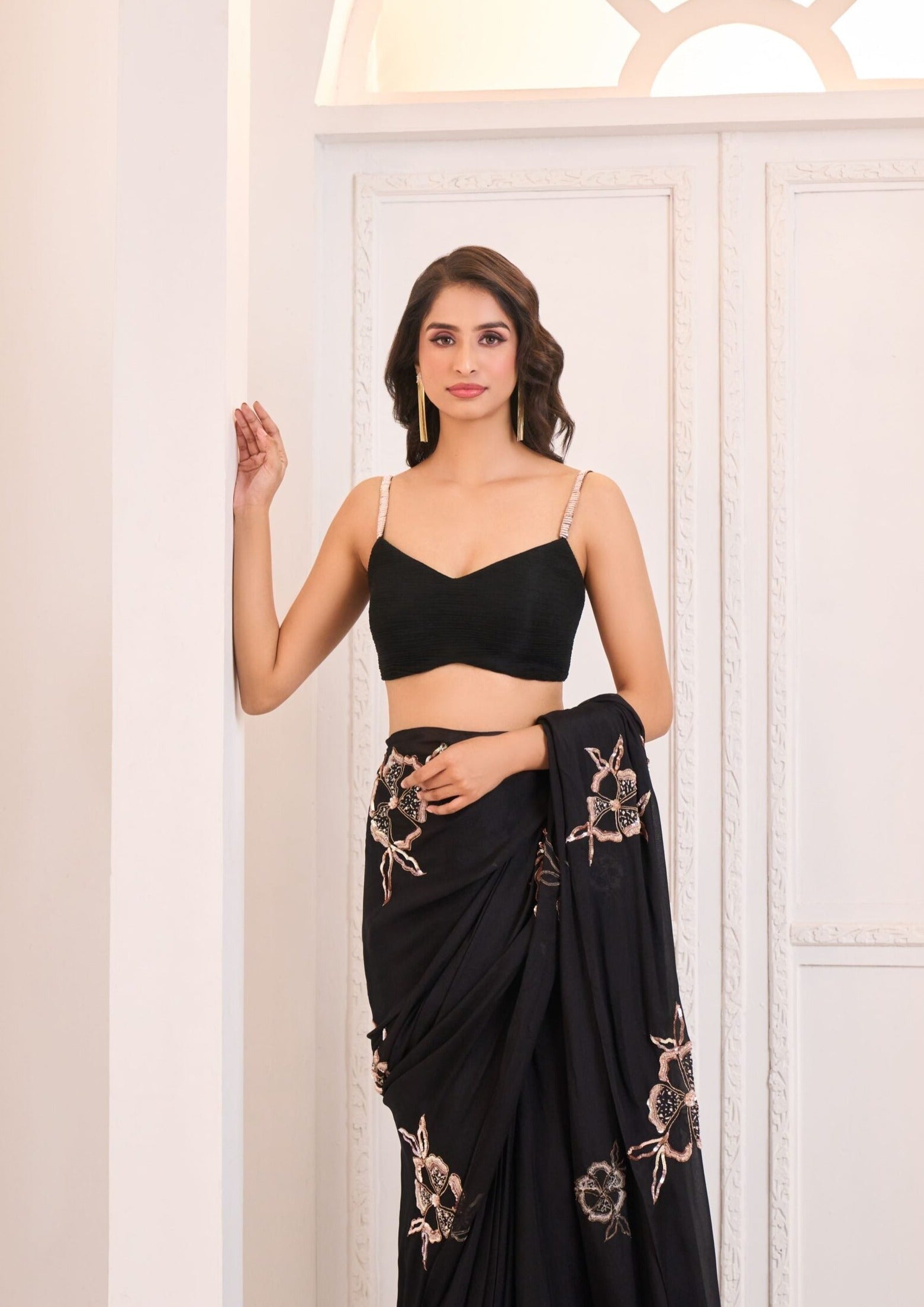 Black Crepe Embroidered Saree Set