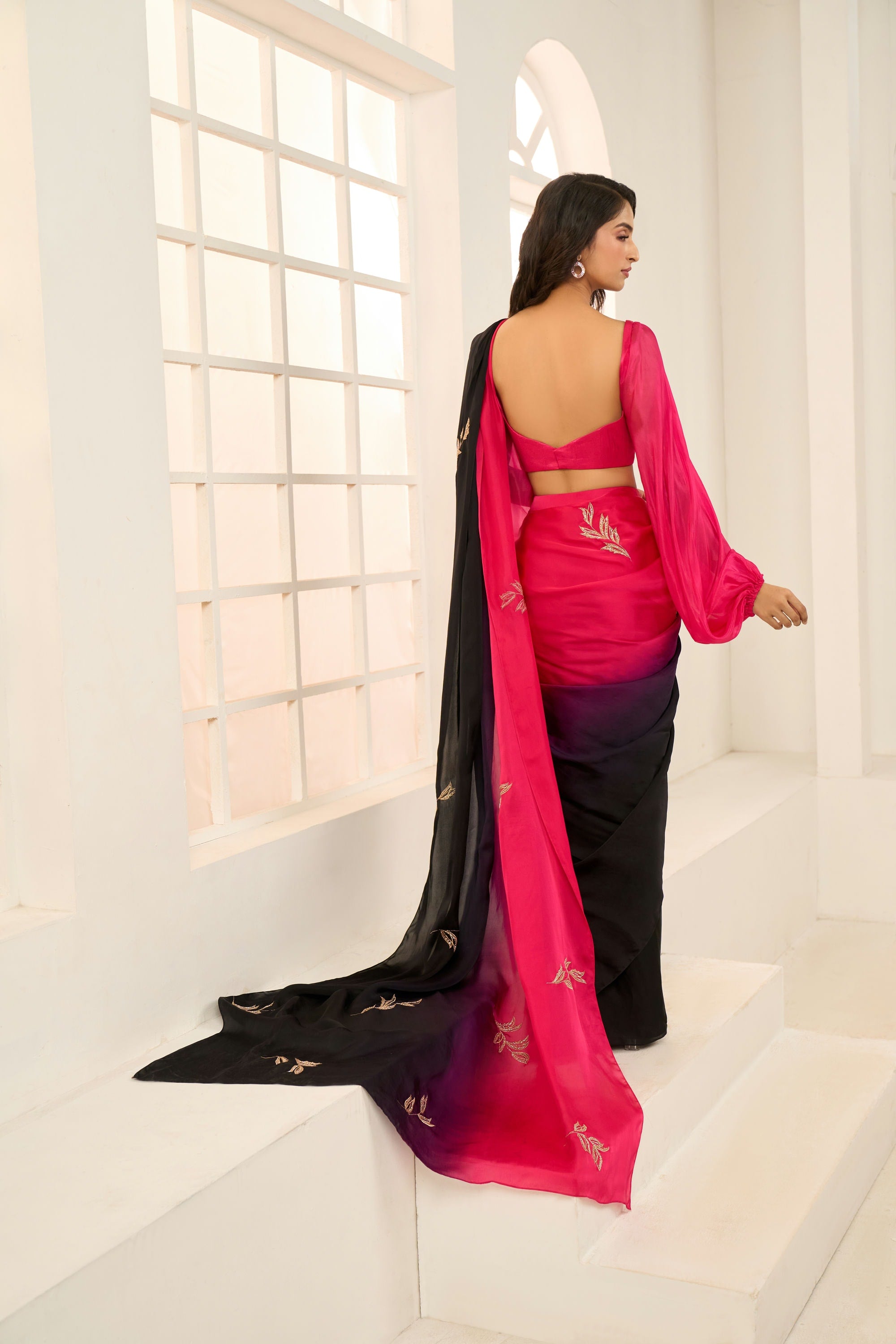 Hot Pink to Black Ombre Satin Organza Embroidered Saree set