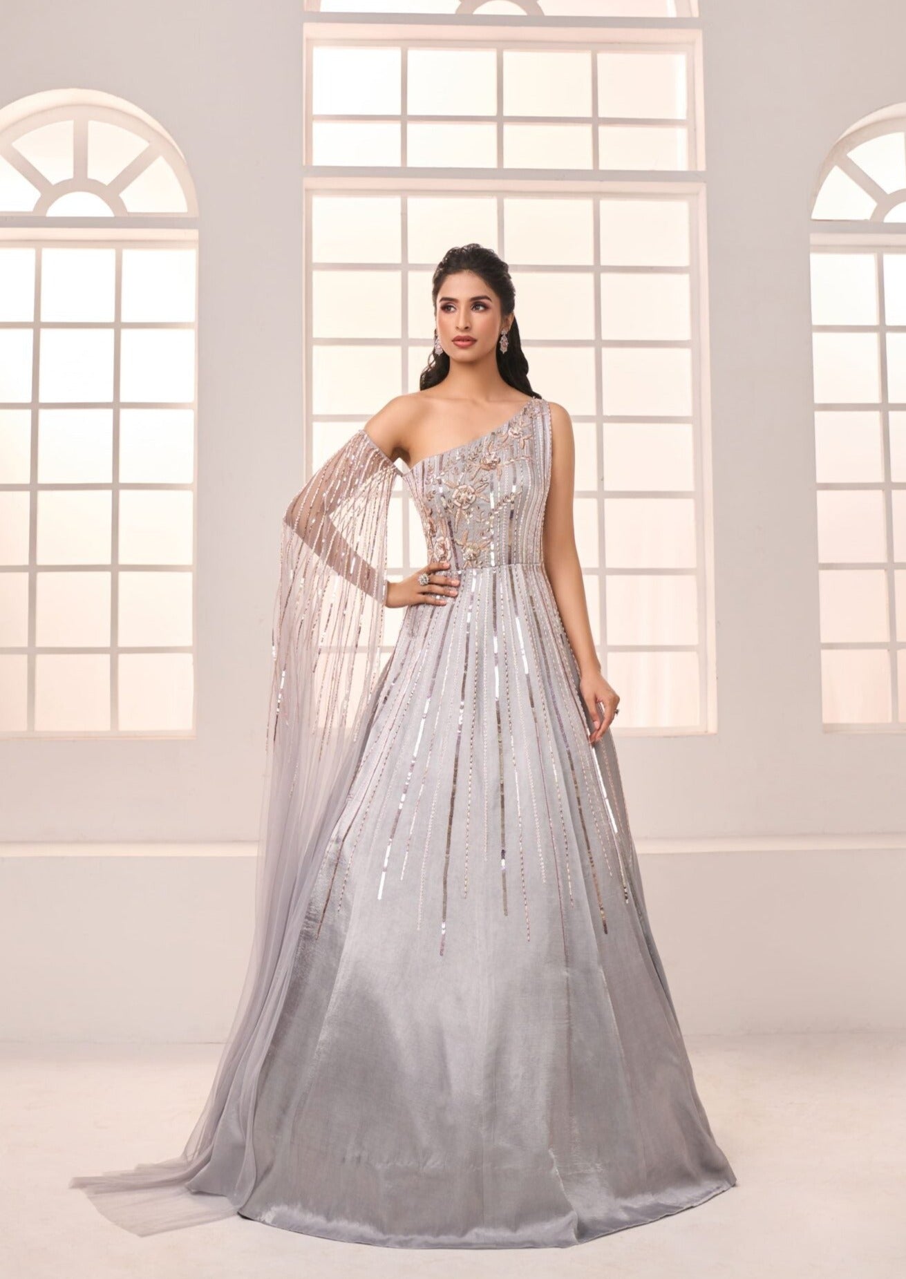 Grey One Shoulder Embroidered Gown with Drape Sleeves