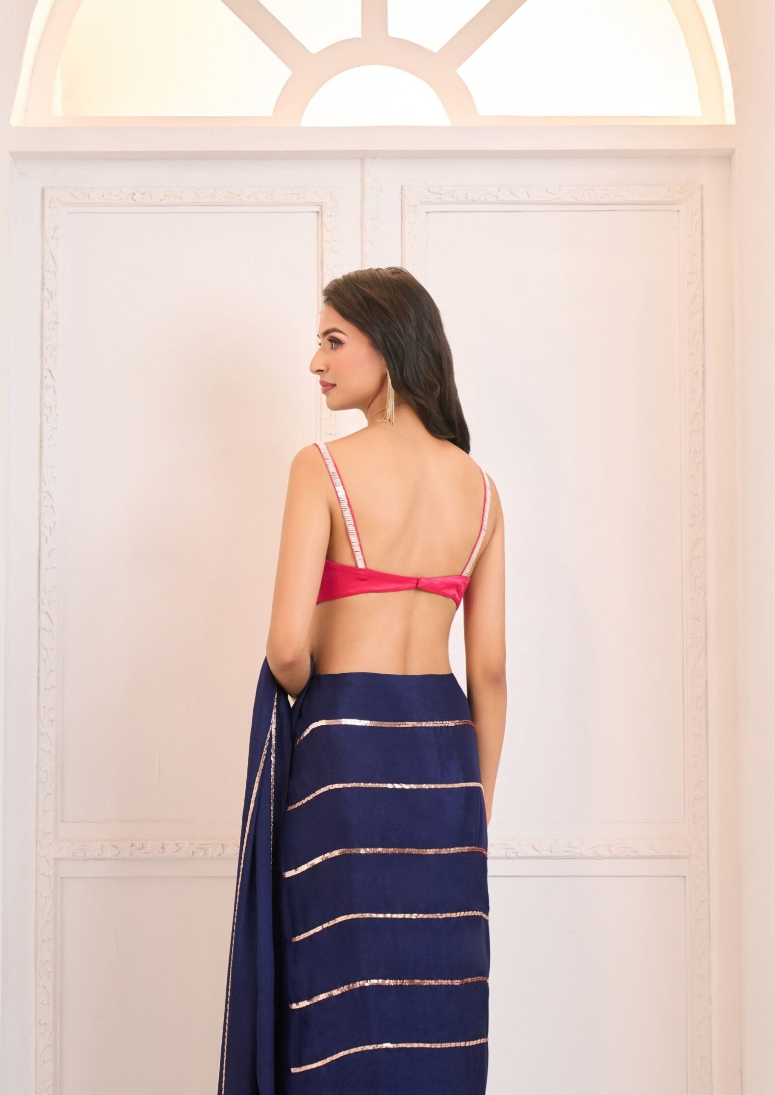 Navy Blue Embroidered Saree With Hot Pink Blouse